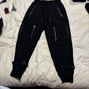 🖤 Unbranded Techwear Cargo Joggers | Silver Zip Details | Size L
